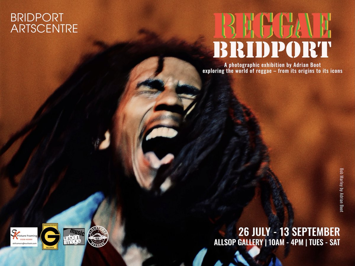 Our exhibition poster for Reggae Bridport features a detail from Adrian Boot's photograph of Bob Marley in concert at the London Rainbow in 1977.

Reggae Bridport, featuring Boot's photographs of the worlds of reggae, opens on Sat bridport-arts.com/event/reggae-b…