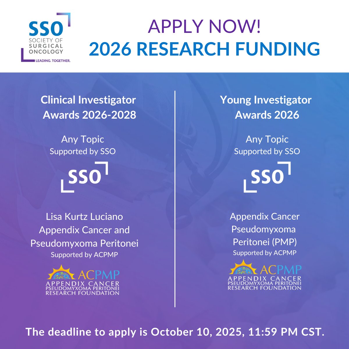 SocSurgOnc's tweet image. Advance your research by applying for an SSO Clinical Investigator or Young Investigator Award! SSO is accepting proposals for both awards. Learn more about the awards, criteria, deadlines, and how to apply: ow.ly/CLTc50WuVi7