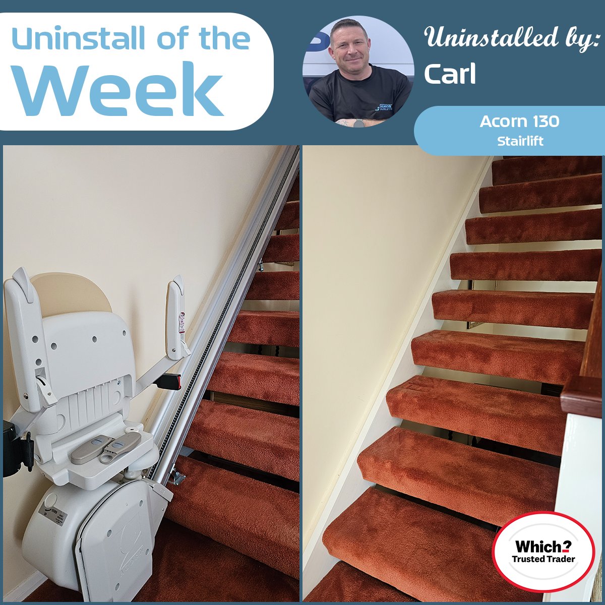 StairliftsLTD's tweet image. ⭐Stairlift of the Week – With a Twist! ⭐

Huge shoutout to Carl, who’s been praised for leaving stairs spotless—like the lift was never there. Amazing job, Carl—check out that before &amp;amp; after!

#StairliftRemoval  #AccessibilitySolutions #WhichTrustedTrader #SeniorStairlifts