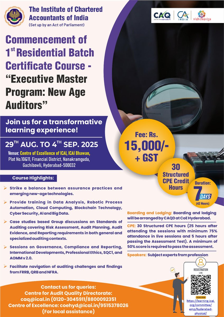 Commencement of 1st Residential Batch of Certificate Course “Executive Master Program - New Age Auditors” from 29th August to 4th September 2025 at Centre of Excellence, Hyderabad

Register at: shorturl.at/XNFOt
<a href="/CAPramodLunawat/">CA. Pramod Jain</a> <a href="/cavishaldoshi/">Vishal Doshi</a> 
#audit #caq #auditquality