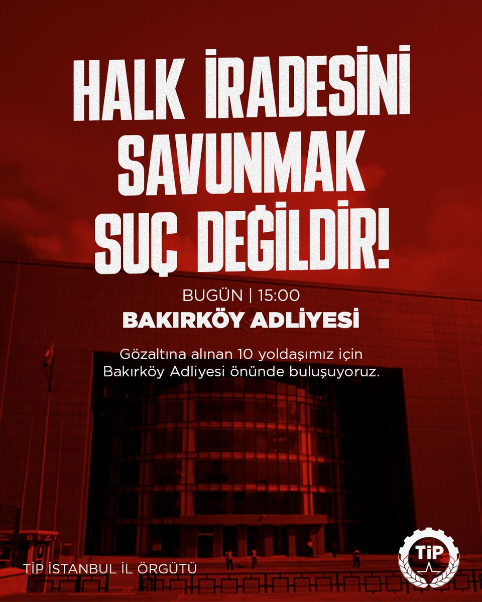 Halkın iradesini savunmak suç değildir! Parti Meclisi Üyemiz Aleyna Arzum Yalçın ve 9 parti üyemiz, CHP’nin çağrısıyla yapılan ve halkın iradesine sahip çıkma amacı taşıyan mitinge katıldıkları gerekçesiyle bugün sabaha karşı için evlerinden gözaltına alındı.
Bugün 15.00’te