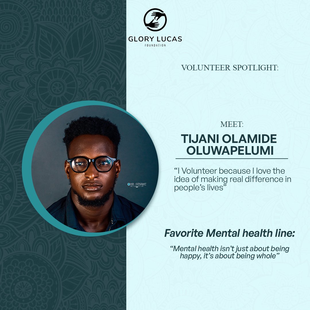 Glorylucasfound's tweet photo. Meet Tijani Olamide Oluwapelumi 💙
“I volunteer because I love making a real difference in people’s lives.”

 Favorite mental health quote:
“Mental health isn’t just about being happy, it’s about being whole.”

#GLFSpotlight #MentalHealthMatters #GLFImpact https://t.co/TBAxNv97nd