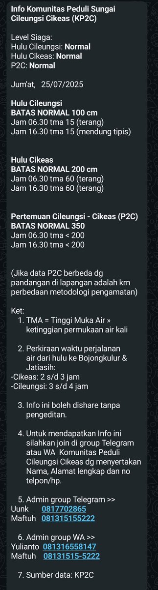 KP2C (@kp2c_info) on Twitter photo InfoKP2C #TMA #Jumat25Juli2025 hulu Cileungsi, Cikeas & P2C Normal. Cileungsi mendung tipis dan Cikeas terang <a href="/infoJATIASIH/">Jatiasih™</a> <a href="/kec_jatiasih/">KECAMATAN JATIASIH | #AyoPakaiMasker</a> <a href="/pemkotbekasi/">Pemerintah Kota Bekasi</a> <a href="/bogorkab/">Pemerintah kabupaten Bogor | #75TahunJabar</a> <a href="/BPBDJabar/">BPBD Provinsi Jawa Barat</a> <a href="/bpbdbogorkab/">bpbdbogorkab</a> <a href="/pastigana/">Pastigana BNPB</a> <a href="/txtdrbekasi/">TxtdariBekasy 🇵🇸</a> #SiapUntukSelamat #BudayaSadarBencana #StaySafe #StayHealthy InfoKP2C #TMA #Jumat25Juli2025 hulu Cileungsi, Cikeas & P2C Normal. Cileungsi mendung tipis dan Cikeas terang <a href="/infoJATIASIH/">Jatiasih™</a> <a href="/kec_jatiasih/">KECAMATAN JATIASIH | #AyoPakaiMasker</a> <a href="/pemkotbekasi/">Pemerintah Kota Bekasi</a> <a href="/bogorkab/">Pemerintah kabupaten Bogor | #75TahunJabar</a> <a href="/BPBDJabar/">BPBD Provinsi Jawa Barat</a> <a href="/bpbdbogorkab/">bpbdbogorkab</a> <a href="/pastigana/">Pastigana BNPB</a> <a href="/txtdrbekasi/">TxtdariBekasy 🇵🇸</a> #SiapUntukSelamat #BudayaSadarBencana #StaySafe #StayHealthy