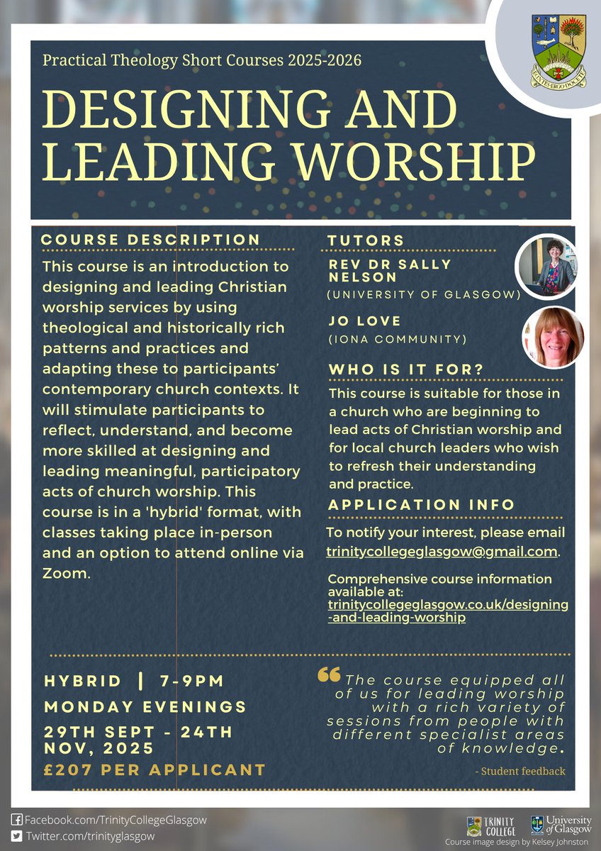 Our ONLINE Designing and Leading worship course is perfect for those of ALL denominations looking to expand their knowledge of designing impactful and meaningful worship in their churches.

Full details at trinitycollegeglasgow.co.uk/short-courses