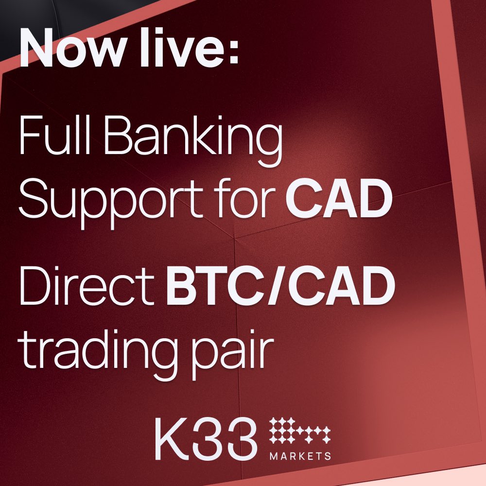 🇨🇦 K33 Markets now supports Canadian Dollars (CAD)!

✅ Free CAD bank transfers
✅ New BTC/CAD trading pair live

🌐 ETH/CAD, SOL/CAD &amp; more planned to launch soon

🔗 Full list of our 8 supported fiat currencies and 33 cryptocurrencies: k33.com/markets/tradin…