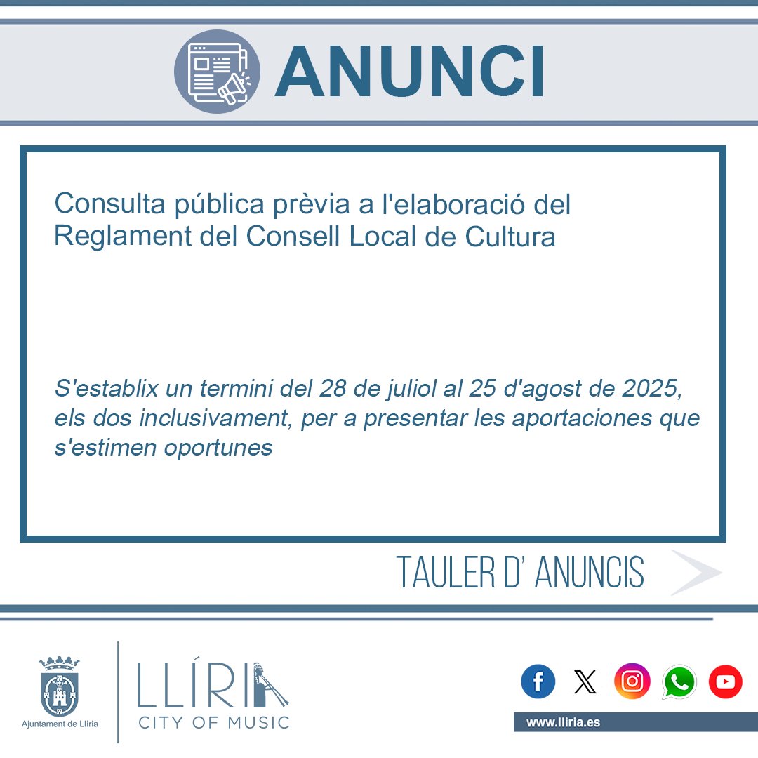 📋 TAULER D'ANUNCIS
📝S'ha publicat la consulta pública prèvia a l'elaboració del Reglament del Consell Local de Cultura. S'establix un termini fins al 25 d'agost de 2025 perquè es puguen presentar les aportacions que s'estimen oportunes 👉 tinyurl.com/bdfkk5ct