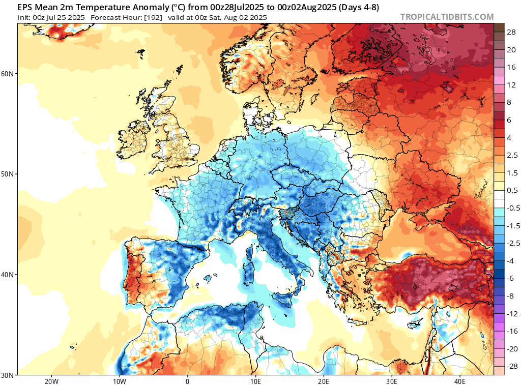 NickJF75's tweet image. Jetting off on Holiday to mainland Europe next week? Large parts, especially southern, from E Spain across Italy to the Balkans (heatwave currently) are forecast to temps some 1-4C below normal, thanks to slow-moving cut-off low with cool NW flow. UK slightly warmer than average.