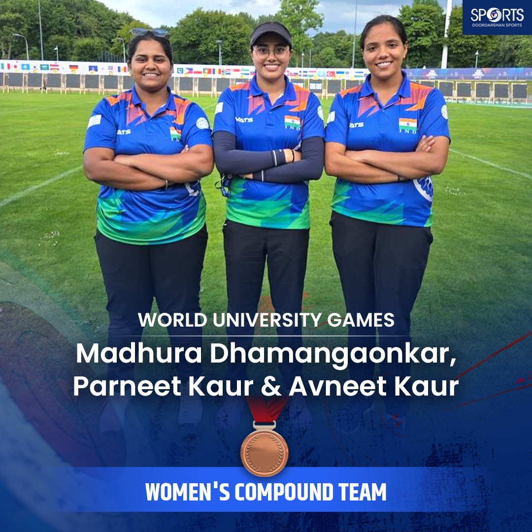 🏹 Bronze Alert! 🇮🇳

The Indian women's compound team—Madhura Dhamangaonkar, Parneet Kaur &amp; Avneet Kaur—defeat United Kingdom 232–224 to clinch 🥉 at the #WorldUniversityGames!
This is India's 3rd medal at the event! 

Congratulations, champions! 🎉🇮🇳 

#IndianArchery #GameOn