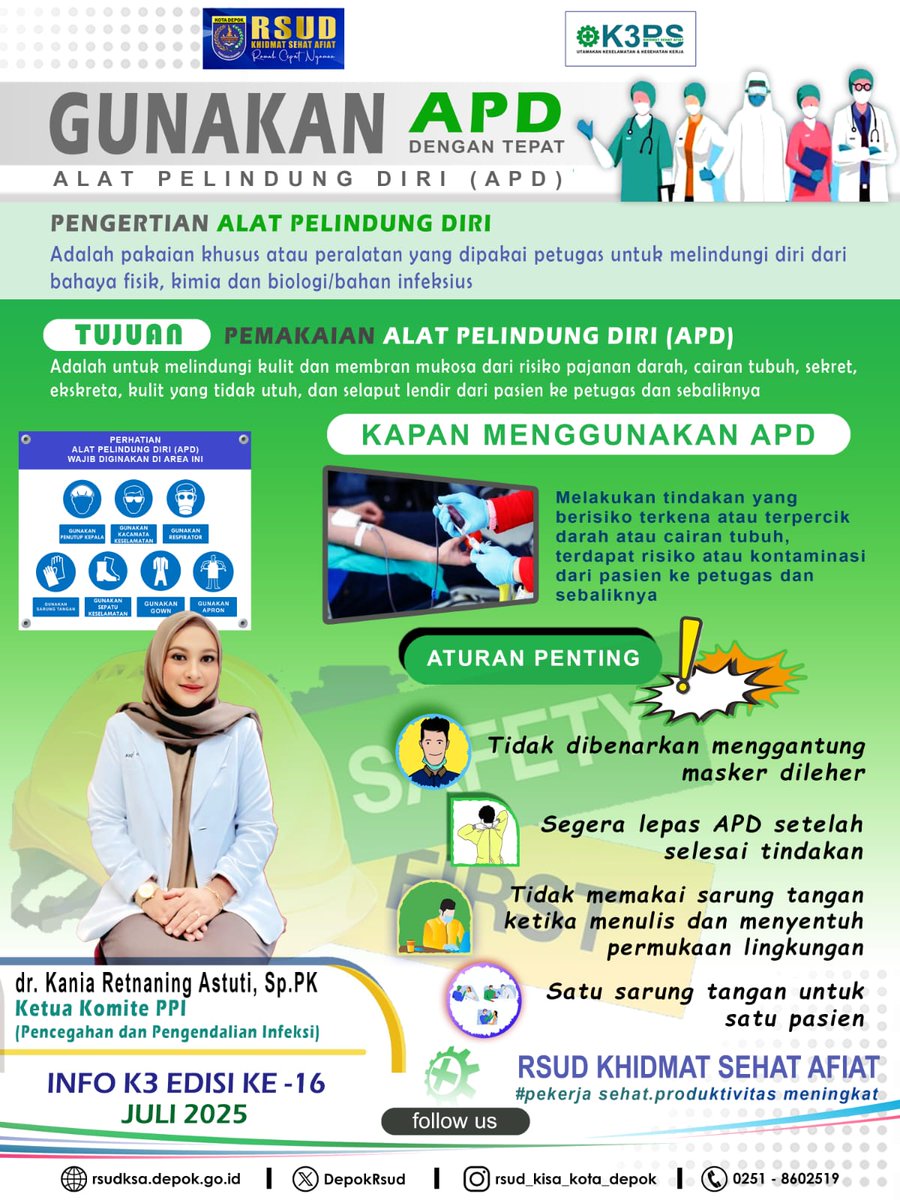 Salah satu pengendalian bahaya dalam bekerja adalah dengan menggunakan APD dengan tepat. Apakah Anda sudah tepat dalam menggunakan APD saat bekerja? Yuk, lebih tahu dengan membaca E-Flyer berikut ini supaya semakin aman dan sehat dalam bekerja.💪😁
Terimakasih🙏
-Unit K3RS-