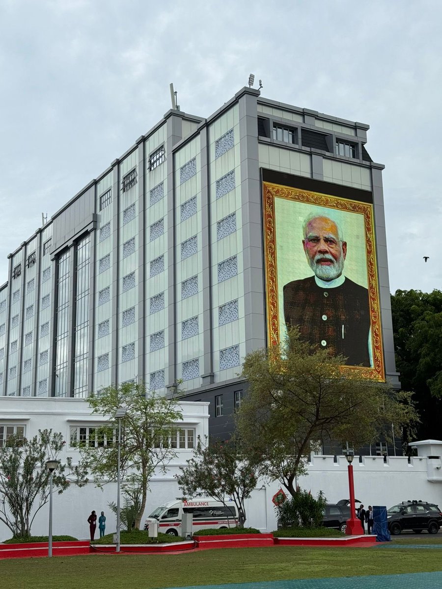 This is how the newly constructed Defence Ministry building in Male, Maldives is looking today. India assisted Maldives to construct this new Headquarters of the Maldivian Defence Ministry. 
Prime Minister Modi is warmly being welcomed in Male.