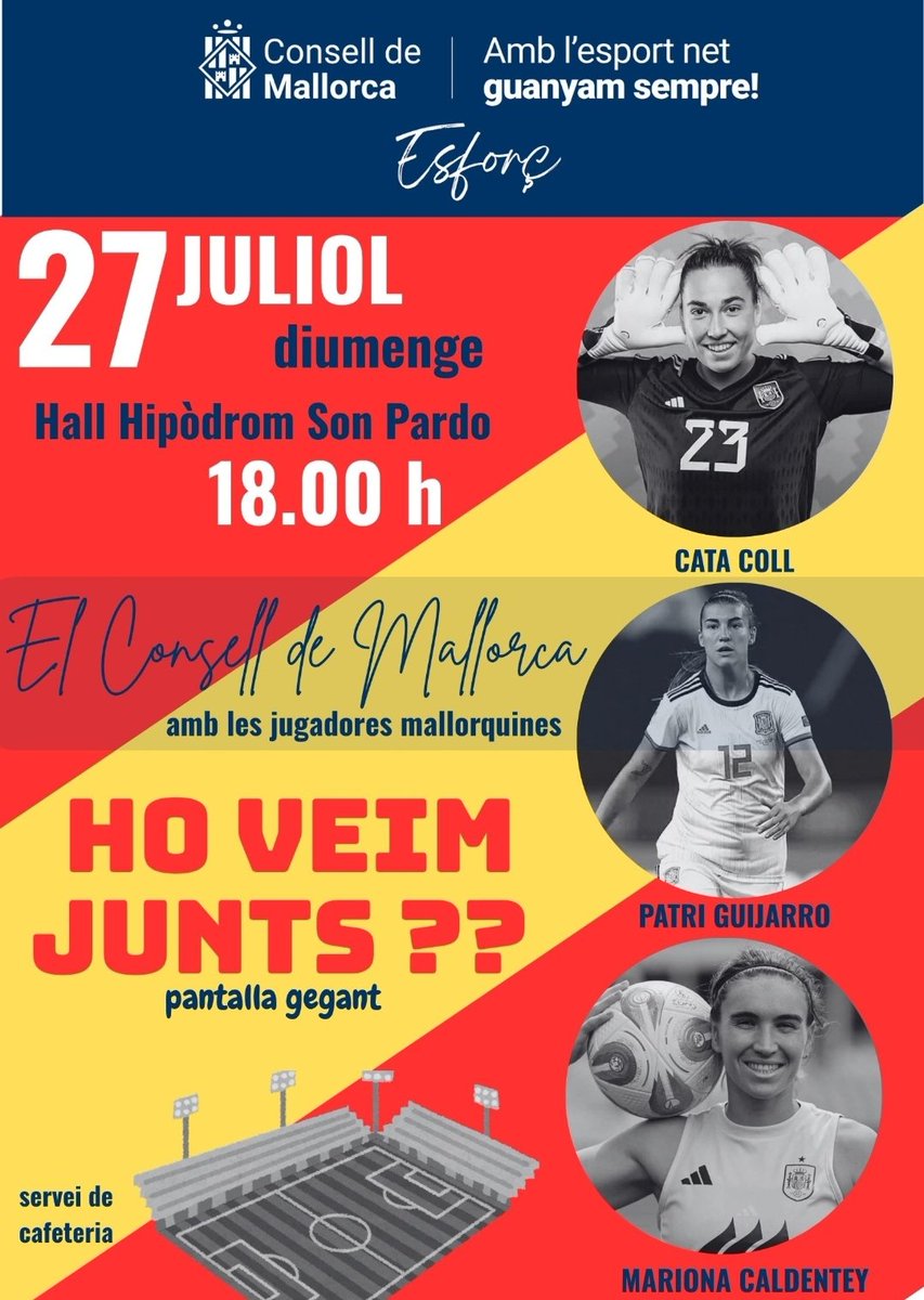 🇪🇸Os espero el domingo en el Hipódromo de Son Pardo.

📽️⚽Pantalla gigante y servicio de cafetería para apoyar a la selección española y, en especial, a nuestras mallorquinas.