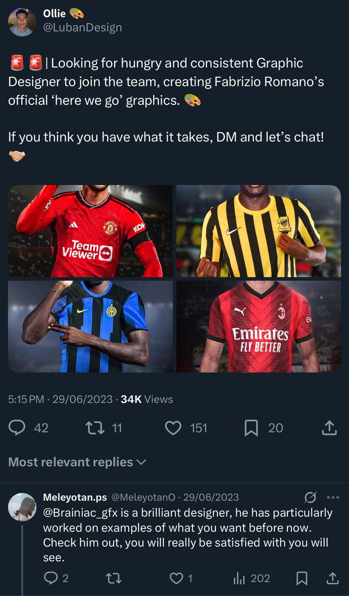 BrainiacGfx's tweet image. I randomly checked Twitter that night, not knowing a single comment was about to change my whole design journey.

Big shoutout to @MeleyotanO for this gem of a mention under @LubanDesign&apos;s post back in 2023 🙌🏽. That tag led me to work on Fabrizio Romano’s HWG graphics, which are…