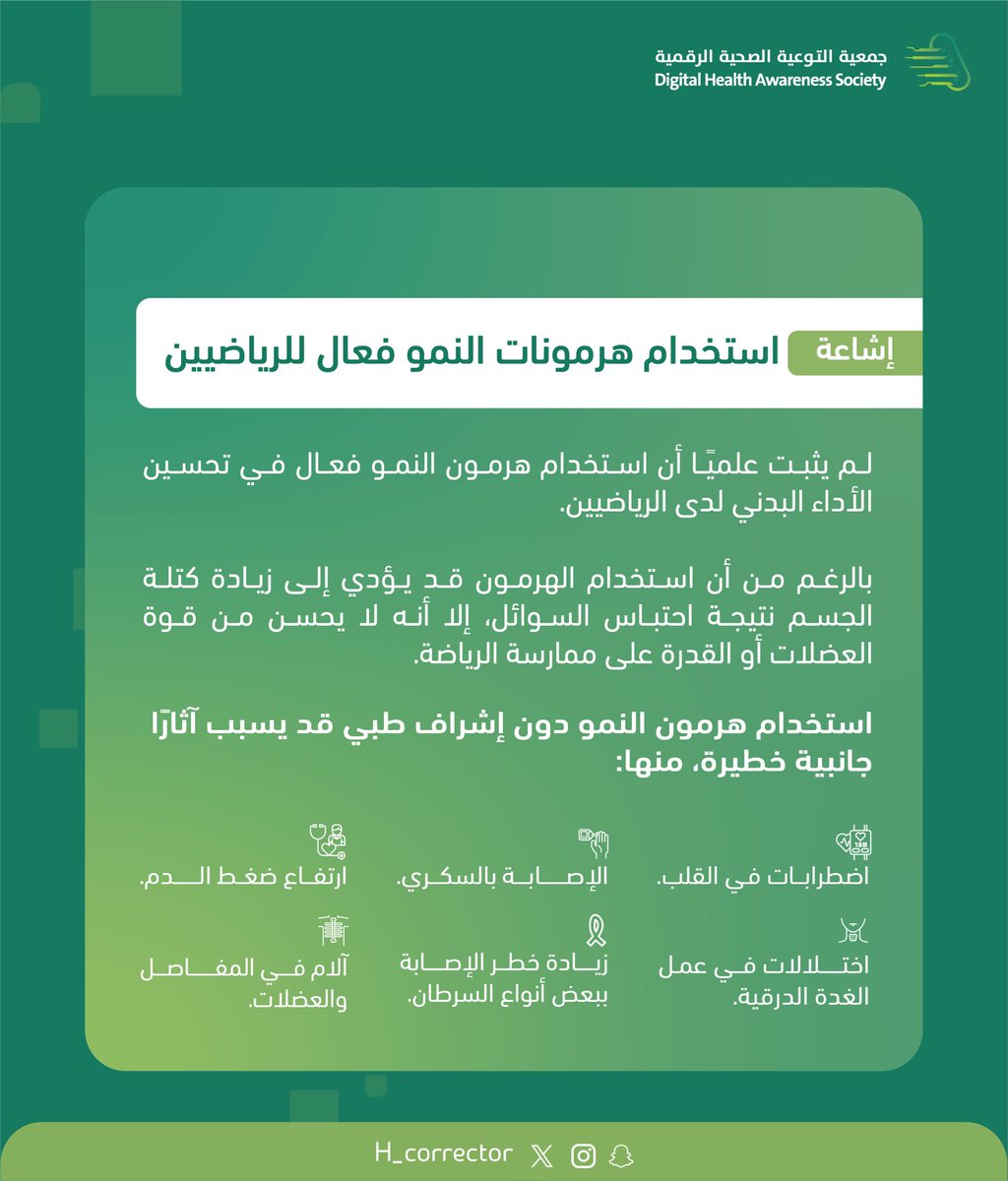 ◾️استخدام هرمونات النمو فعال للرياضيين؟ ⤵️

#المصحح_الصحي
#جمعية_التوعية_الصحية_الرقمية