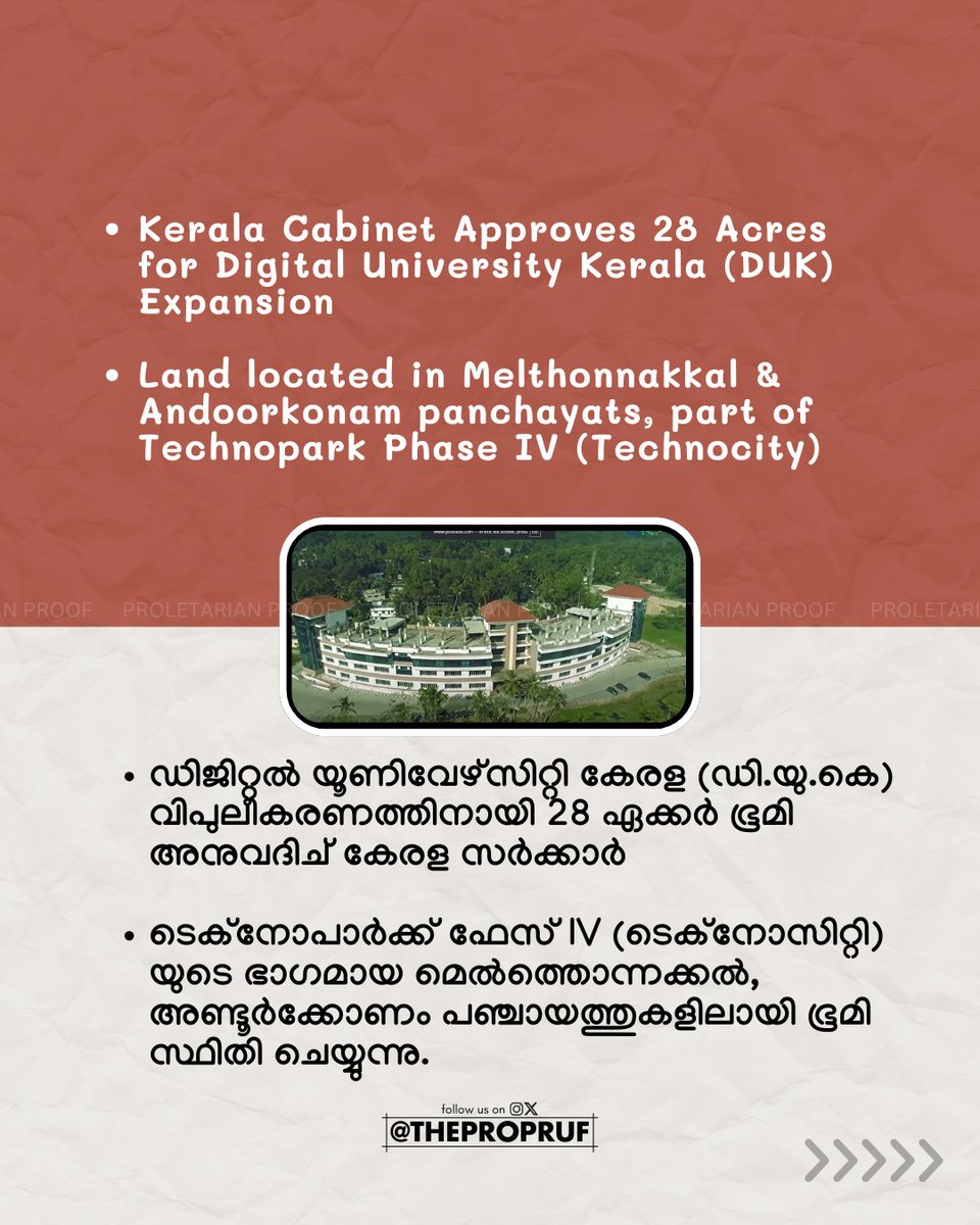 thepropruf's tweet image. Kerala Fast-Tracks Tech Future🚀
Cabinet okays 28 acres for Digital University expansion at Technocity — AI, Blockchain, Cybersecurity & more coming bigger than ever.
#Kerala #DigitalUniversity #TechEducation