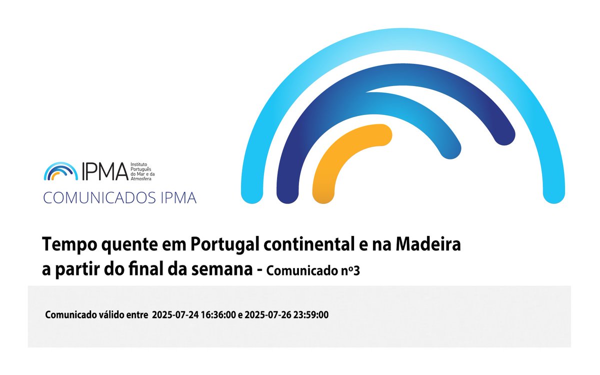 Informação especial
Comunicado válido entre 2025-07-24 16:36:00 e 2025-07-26 23:59:00
Assunto: Tempo quente em Portugal continental e na Madeira a partir do final da semana - Comunicado Nº3
tinyurl.com/3773em3c