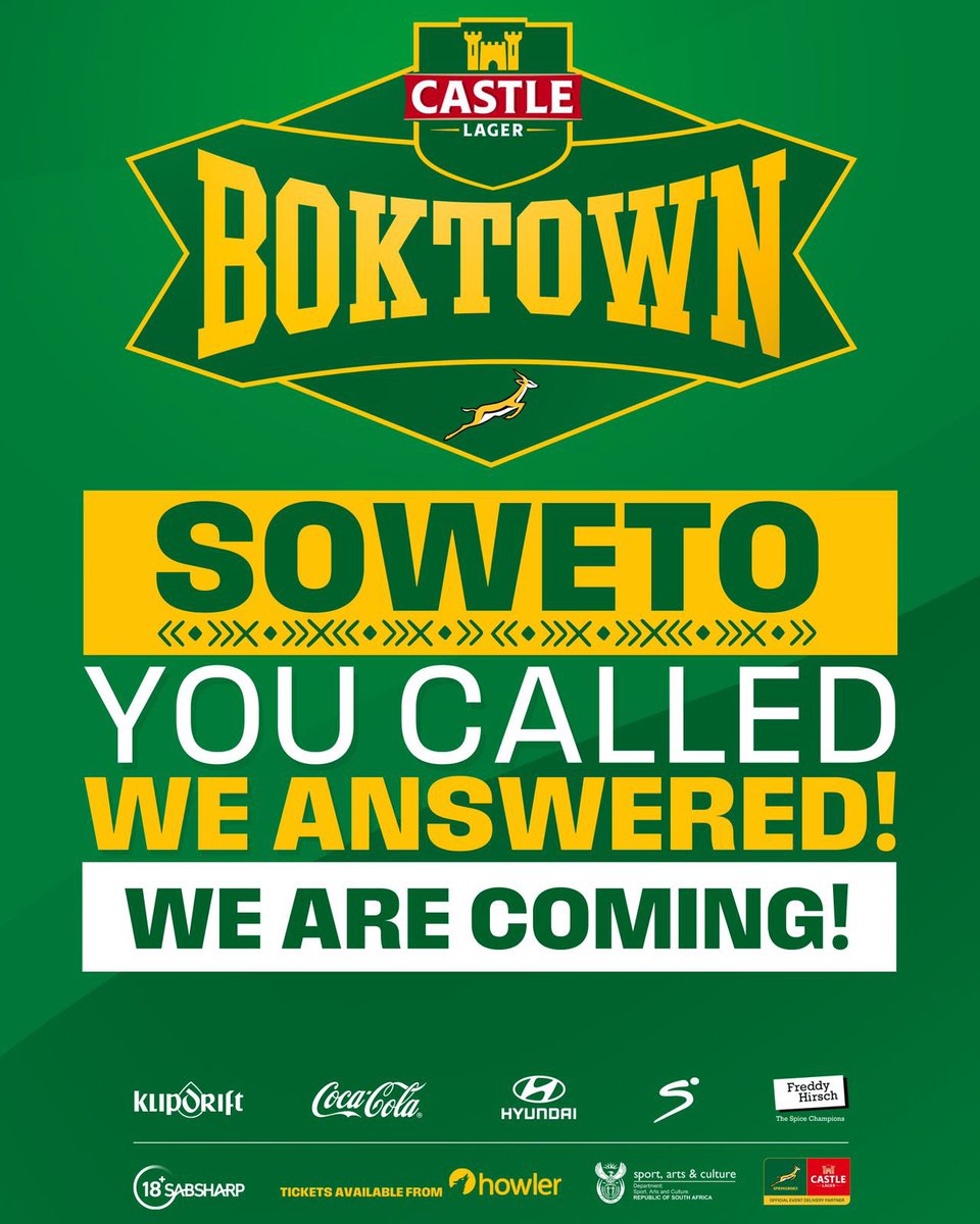 CastleBoktown's tweet image. Soweto โ You Called, We Answered! We are coming! ๐ฟ๐ฆ
Get the crew ready and join us on the 23rd of August to watch the Bokke take on Australia ๐๐
๐๏ธ Grab your tickets now by following the link in our bio or visit howler.co.za
#CastleLager #CastleLagerBoktown