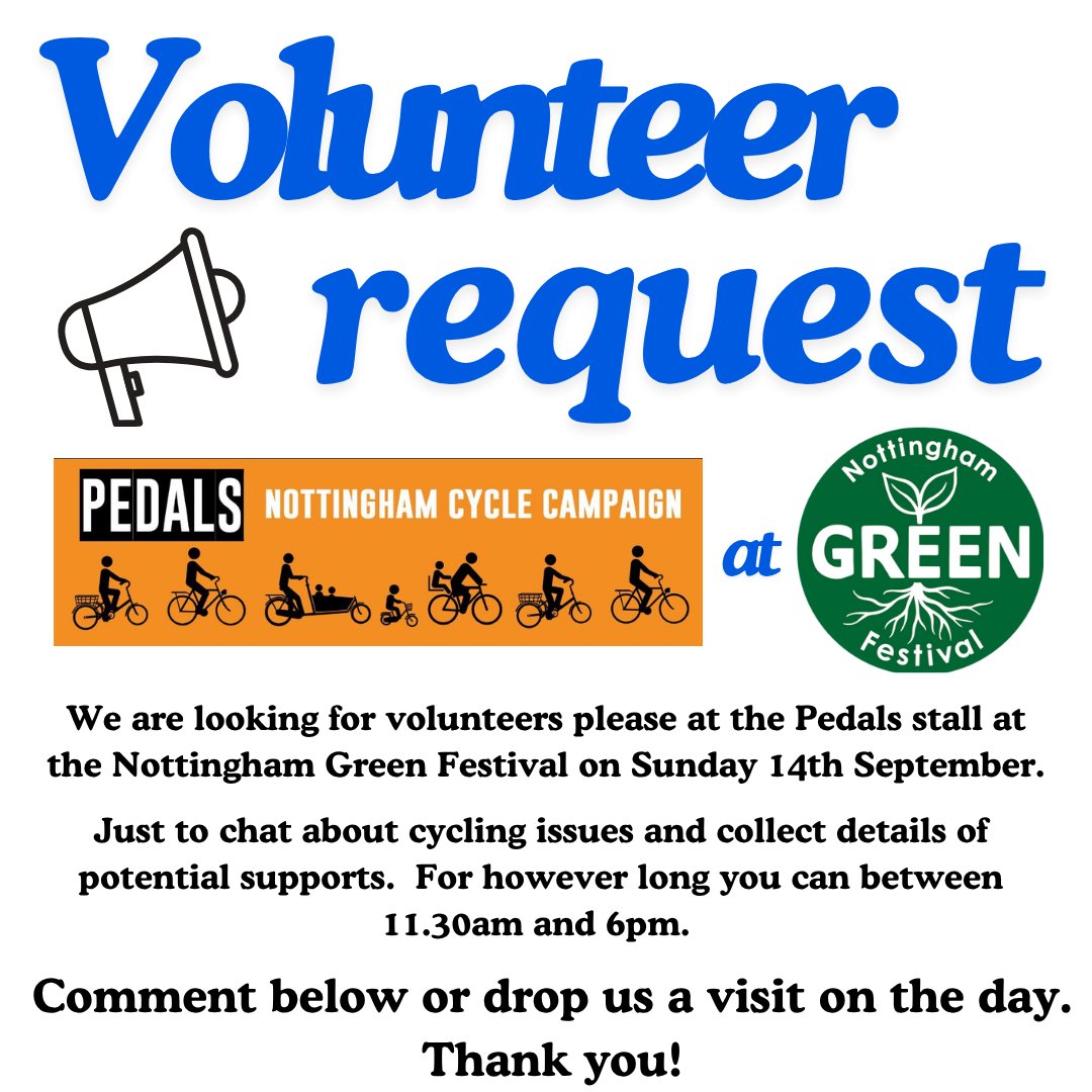 Early shoutout request.  Can anyone help?  Pedals will have a stall at <a href="/NottmGreenFest/">Nottingham Green Festival</a> on Sunday 14th September and we are looking for volunteers for the stall.  If you can help, let us know please!