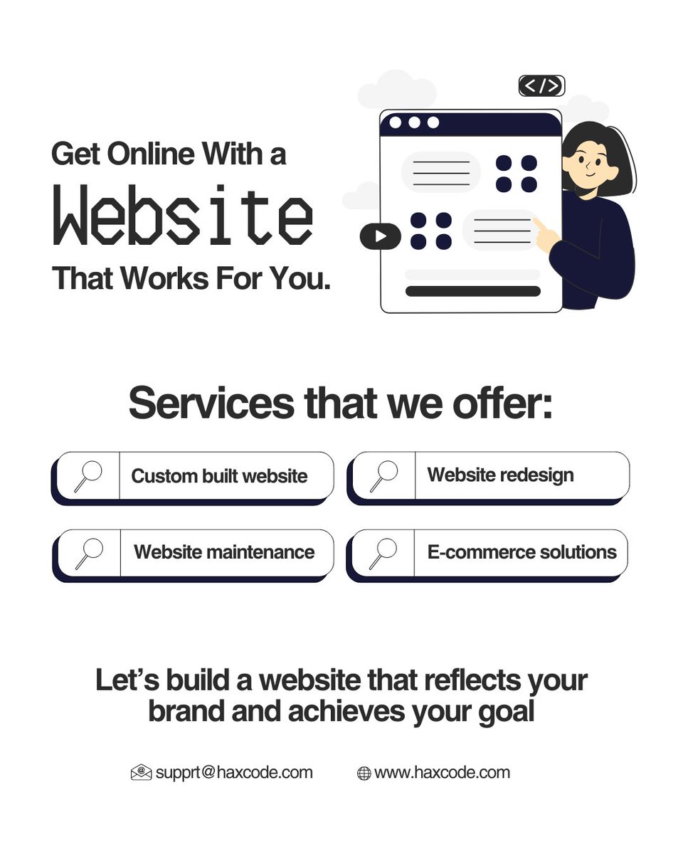 haxcode_hc's tweet image. Get Online With a Website That Works for You! 💻
At Haxcode, we specialize in:
🔧 Custom Website Development
♻️ Website Redesign Services
🛒 E-commerce Solutions
🛠️ Ongoing Website Maintenance
📧 suppprt@haxcode.com | 🌐 haxcode.com
#CustomWebsiteDesign #haxcode