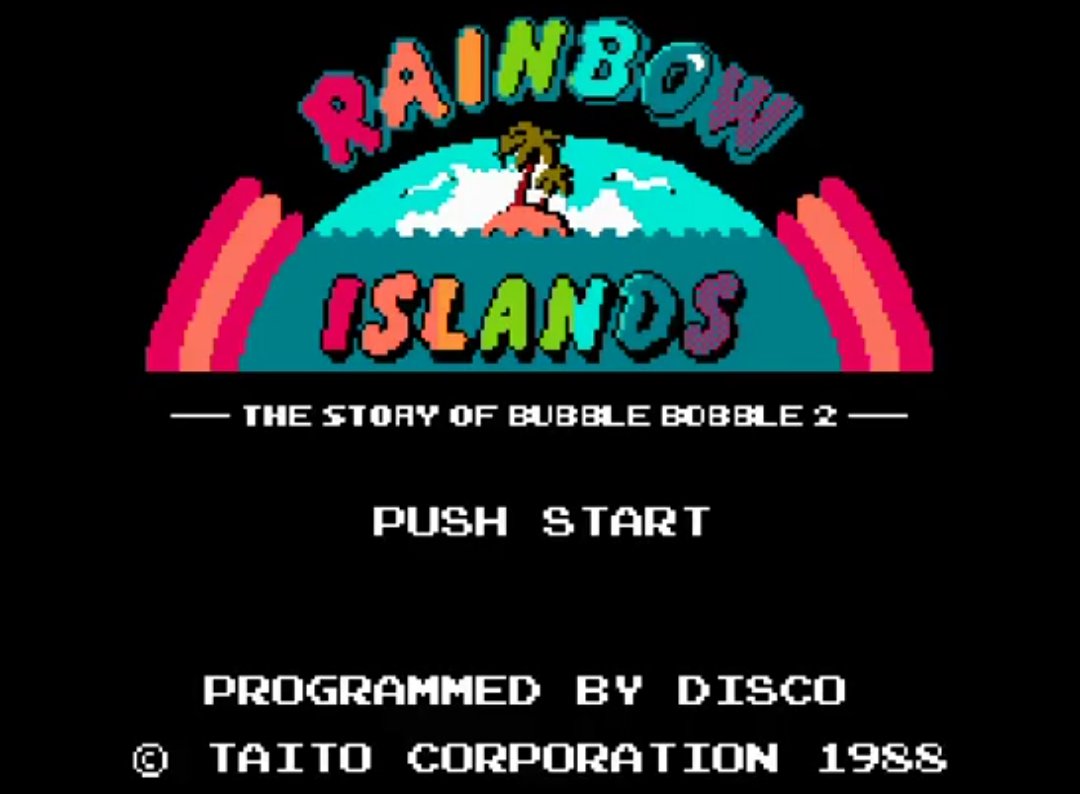 fami_maga2's tweet image. 『レインボーアイランド』は、1988年7月26日にタイトーよりファミコンで発売
暗黒大魔王によって支配されたレインボーアイランド。バブルボブルで、無事に両親と再会できたバビーとボビーは、秘宝ダイヤモンドロックを探すため、虹を架ける魔法を武器に大冒険!ビッグダイヤを7つ揃えて奇跡を起こせ!!