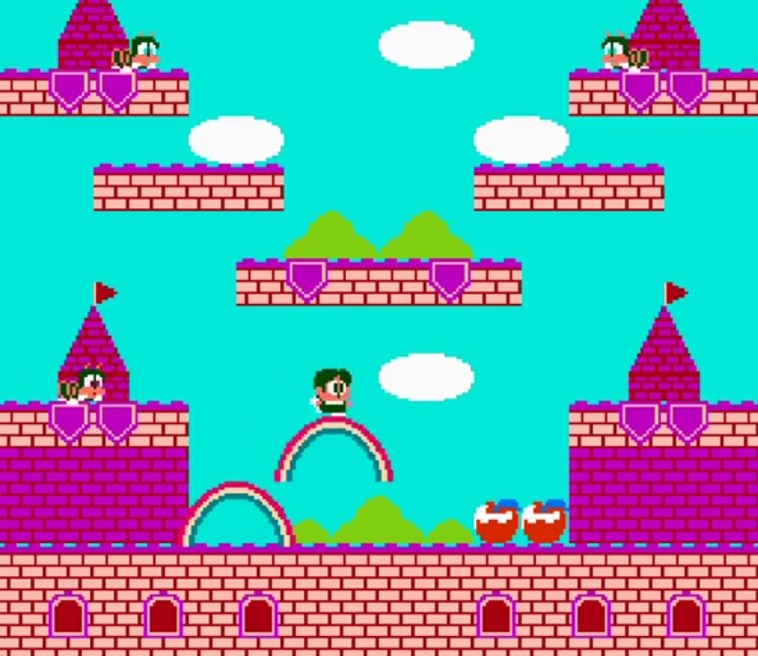 fami_maga2's tweet image. 『レインボーアイランド』は、1988年7月26日にタイトーよりファミコンで発売
暗黒大魔王によって支配されたレインボーアイランド。バブルボブルで、無事に両親と再会できたバビーとボビーは、秘宝ダイヤモンドロックを探すため、虹を架ける魔法を武器に大冒険!ビッグダイヤを7つ揃えて奇跡を起こせ!!