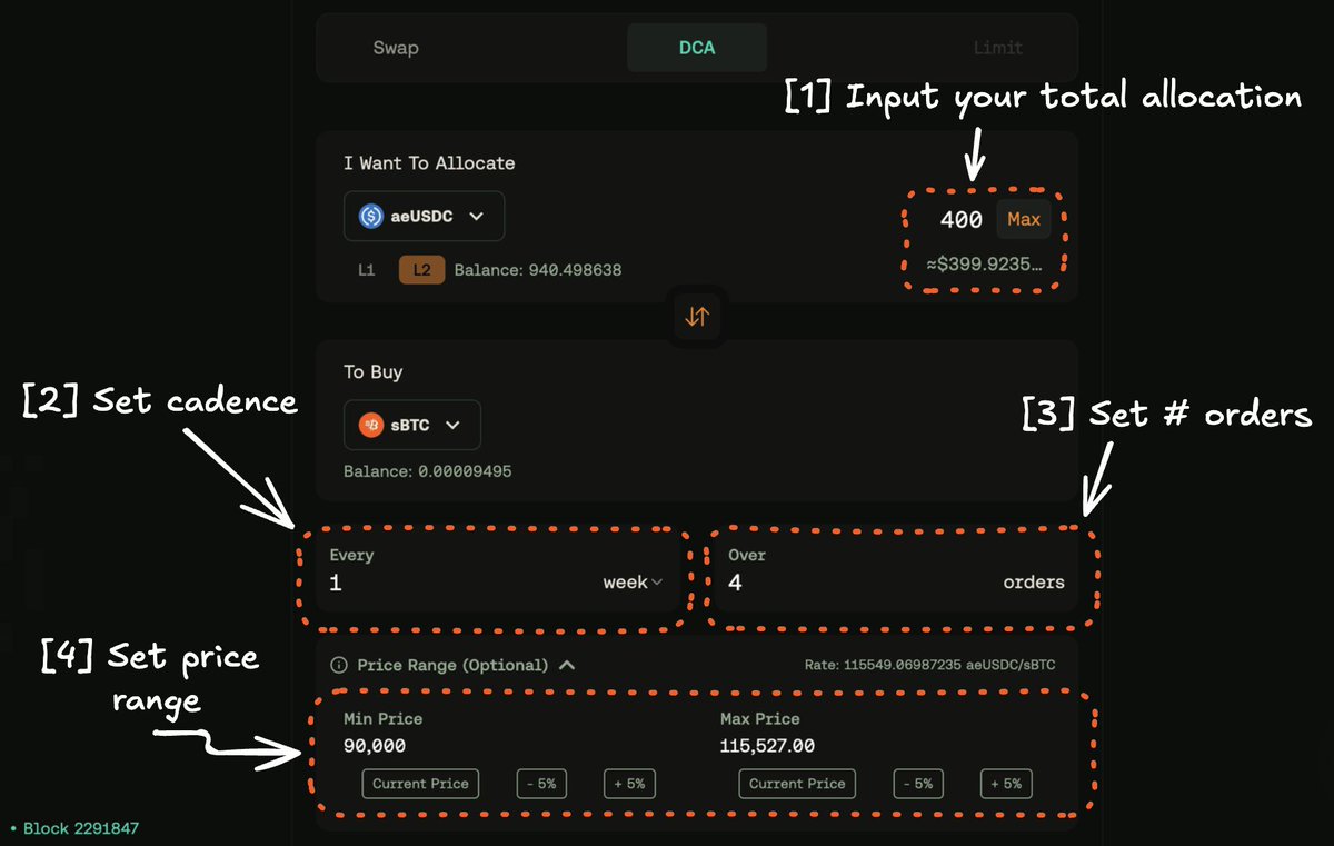 CyborgMyster's tweet image. I wish I can automate DCA swaps in DeFi...
Oh wait, you CAN do that in @Bitflow_Finance 😉 Ex: I want to buy sBTC weekly:
> Input total amt you want spend
> Set cadence (weekly)
> Input # of orders
> Set price ranges
> Sit back & relax
So handy! Have you tried it, fren? 💯
