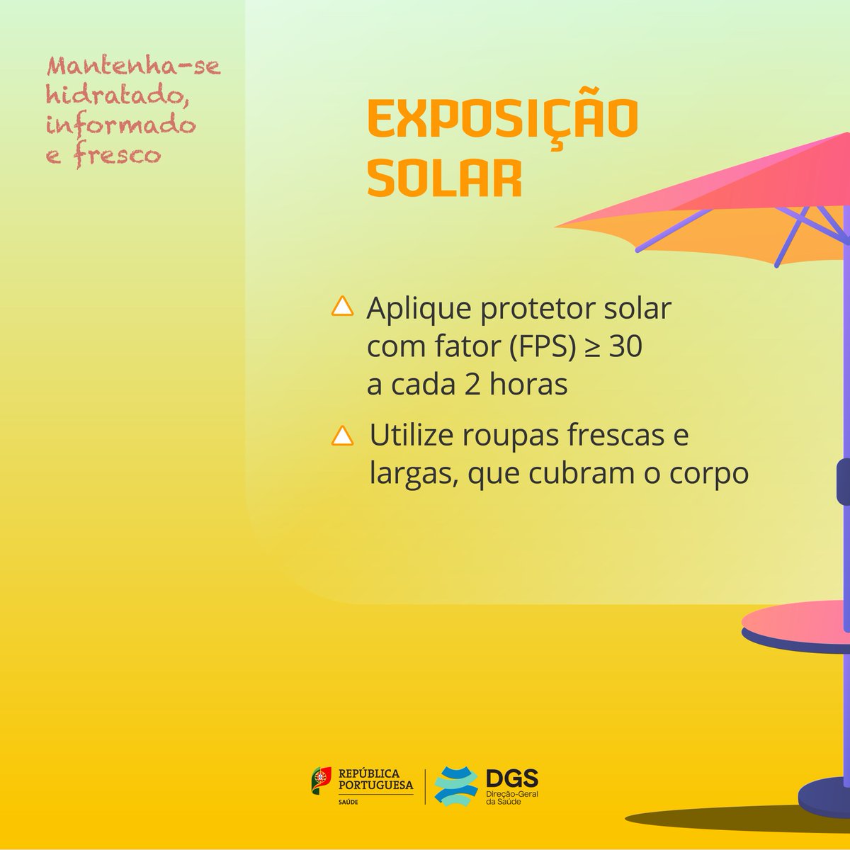 DGSaude's tweet photo. 🌡 Junto da população, a #DGS reforça os principais #cuidados a ter com o #calor previsto para hoje e para os próximos dias:
- aumentar a ingestão de #água, pelo menos 1,5 litros/dia💧;
- aplicar #protetor solar com fator superior a 30, a cada 2 horas ⛱;

Saiba +🌊.

#Saúde https://t.co/LgmQaXIWDQ
