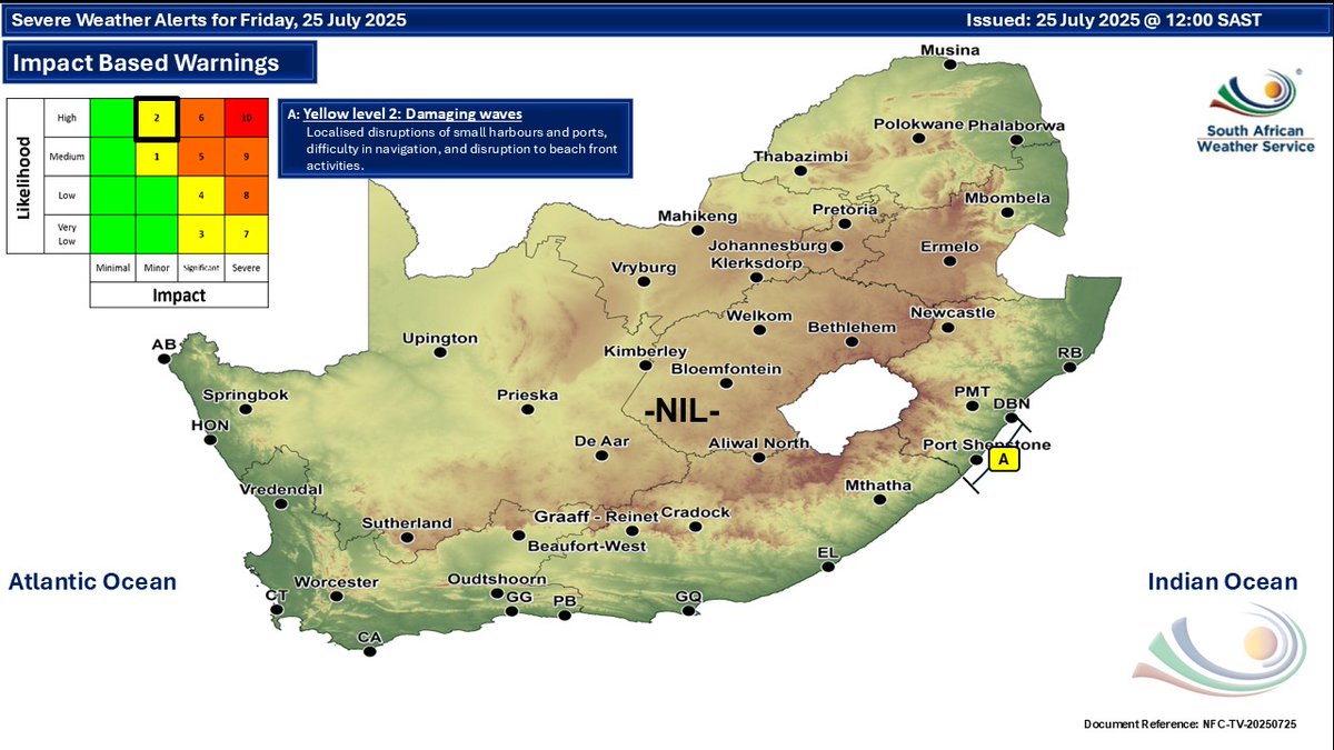 SAWeatherServic's tweet image. Weather forecast for today and tomorrow, 25-26 July 2025:
Fine over the central and western interior, otherwise partly cloudy and cold to cool with isolated showers and rain in the south and east.
#saws #saweather