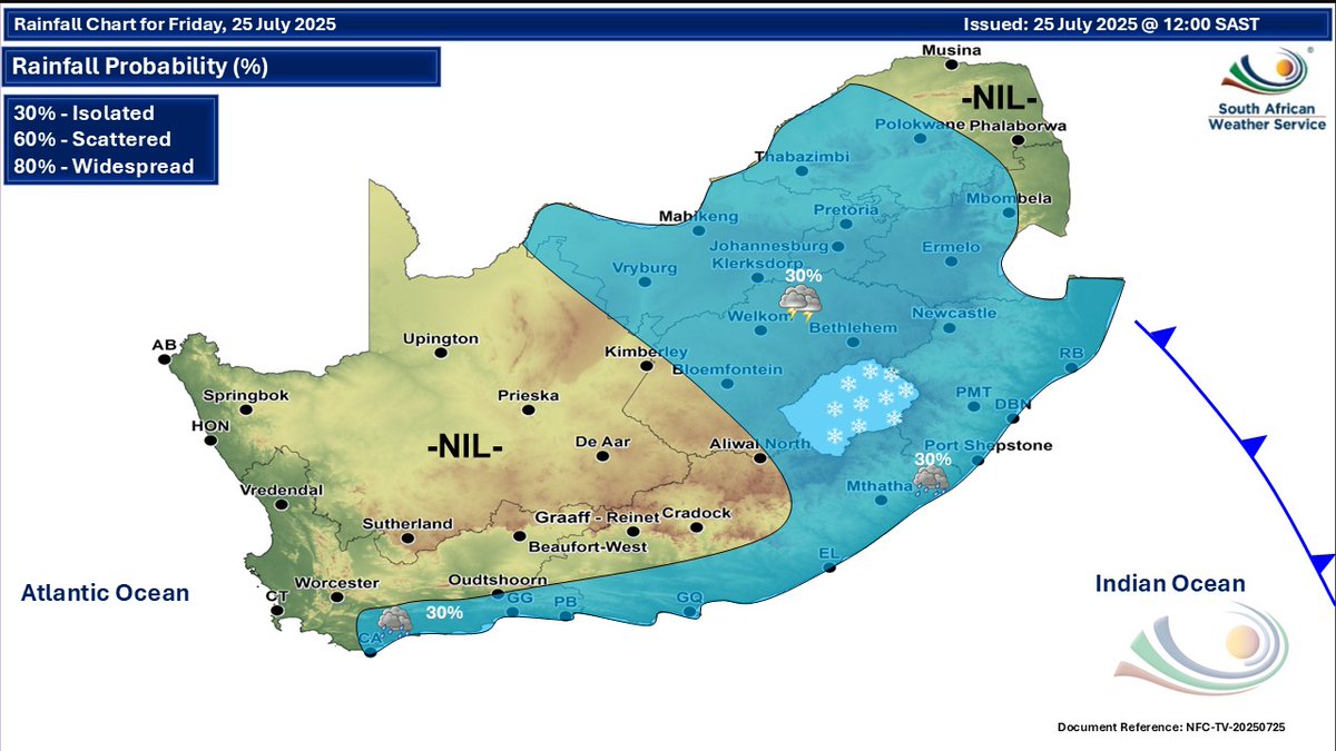 SAWeatherServic's tweet image. Weather forecast for today and tomorrow, 25-26 July 2025:
Fine over the central and western interior, otherwise partly cloudy and cold to cool with isolated showers and rain in the south and east.
#saws #saweather