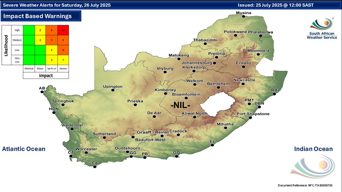 SAWeatherServic's tweet image. Weather forecast for today and tomorrow, 25-26 July 2025:
Fine over the central and western interior, otherwise partly cloudy and cold to cool with isolated showers and rain in the south and east.
#saws #saweather