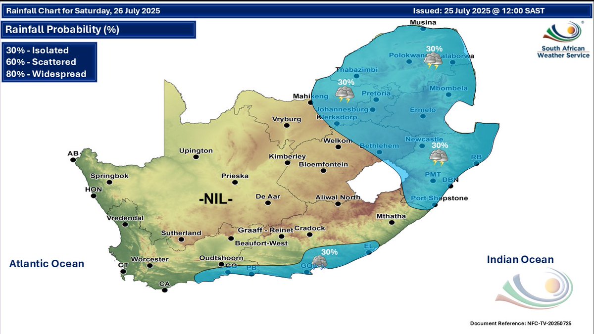 SAWeatherServic's tweet image. Weather forecast for today and tomorrow, 25-26 July 2025:
Fine over the central and western interior, otherwise partly cloudy and cold to cool with isolated showers and rain in the south and east.
#saws #saweather