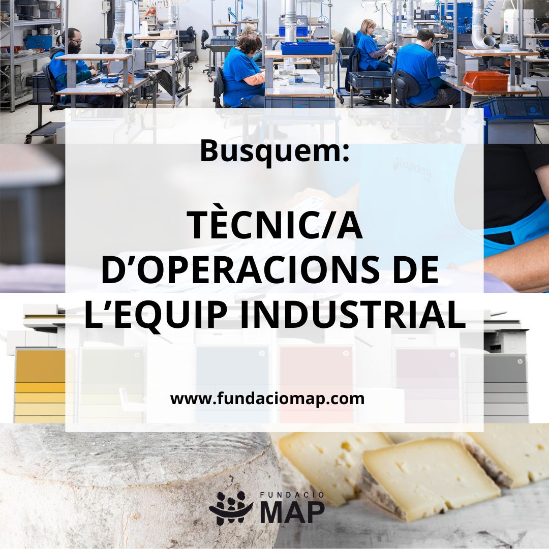 📣 Busquem Tècnic/a d'operacions de l'equip industrial de la Fundació MAP per gestionar i coordinar, amb el/la responsable, les operacions productives assegurant el compliment dels objectius de producció i qualitat.

Més info: fundaciomap.org/ofertes-feina/

#Feina #CETMAP #Ripollès