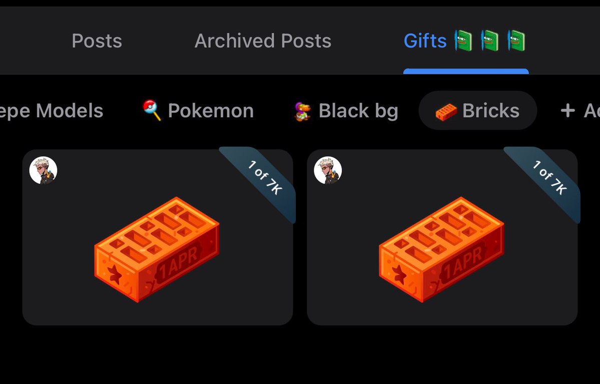 Giooton's tweet image. When i feel down, i remind myself that i got 2 Bricks Telegram NFT Gifts.
Shit works every time ngl
When upgrade? @telegram @durov