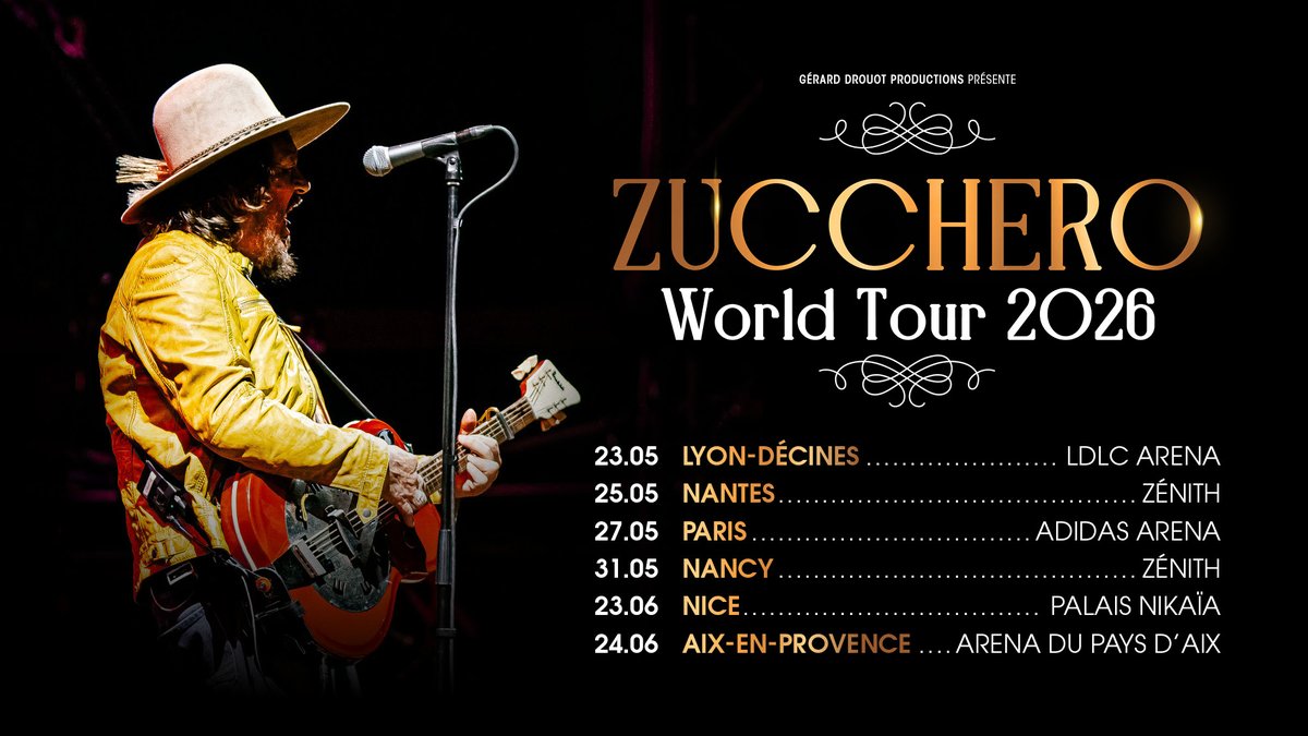 Gérard Drouot Productions (@gdp) on Twitter photo Réservez vos places dès maintenant pour les concerts de <a href="/ZuccheroSugar/">Zucchero Fornaciari</a> !
🎫 Infos & réservations sur urls.fr/EpC9wk
Concerts de la tournée :
📍 23 mai 2026 – <a href="/LDLC_Arena/">LDLC Arena</a>, Décines-Charpieu
📍 25 mai 2026 – Zénith Nantes, Nantes
📍 27 mai 2026 – <a href="/adidasarena/">adidas arena</a>, Paris
📍 31 Réservez vos places dès maintenant pour les concerts de <a href="/ZuccheroSugar/">Zucchero Fornaciari</a> !
🎫 Infos & réservations sur urls.fr/EpC9wk
Concerts de la tournée :
📍 23 mai 2026 – <a href="/LDLC_Arena/">LDLC Arena</a>, Décines-Charpieu
📍 25 mai 2026 – Zénith Nantes, Nantes
📍 27 mai 2026 – <a href="/adidasarena/">adidas arena</a>, Paris
📍 31