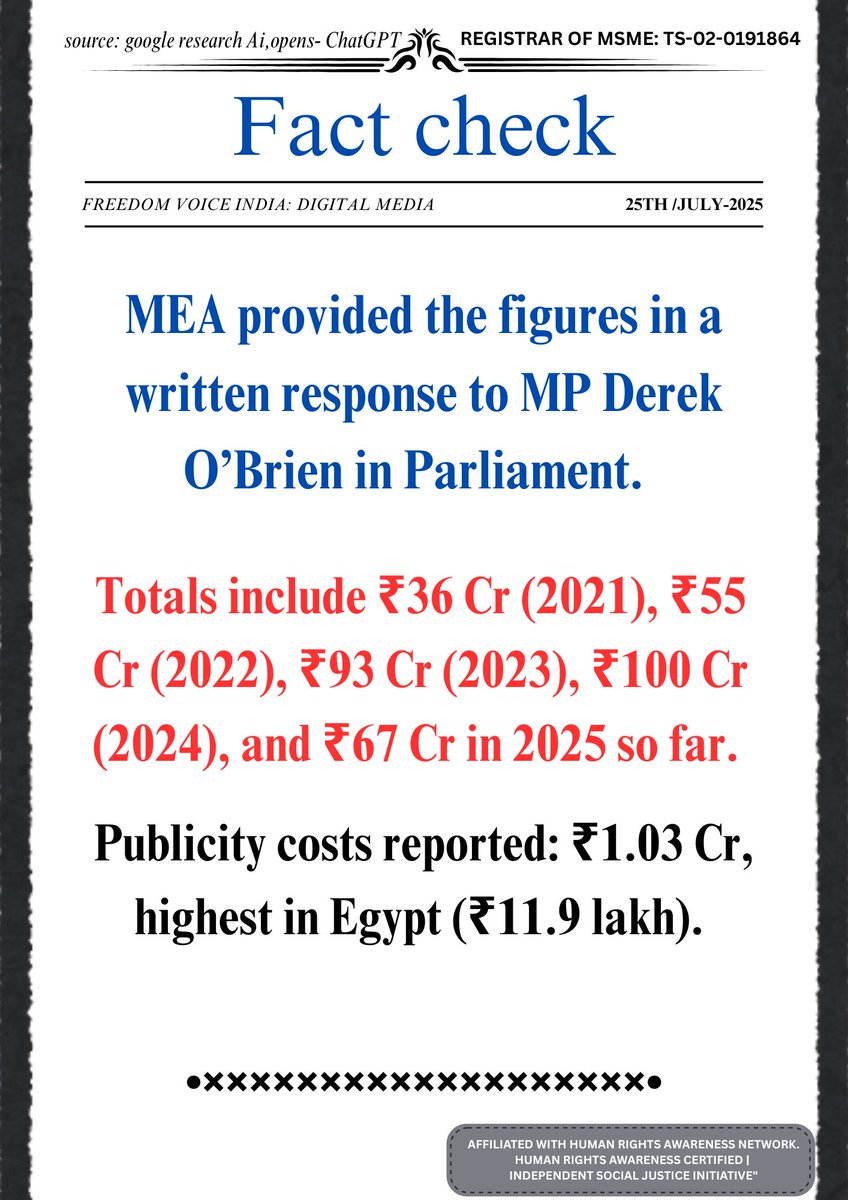 fvi7744's tweet image. Modi’s Foreign Travel Bill Totals ~₹362 Crore Since 2021, ₹67 Cr Spent in 2025 Alone. Link:aimamedia.org/newsdetails.as…

#ModiForeignVisits #GovernmentExpenditure #MEAData #MumbaiForeignTrips #PublicAccountability #FreedomVoiceIndia