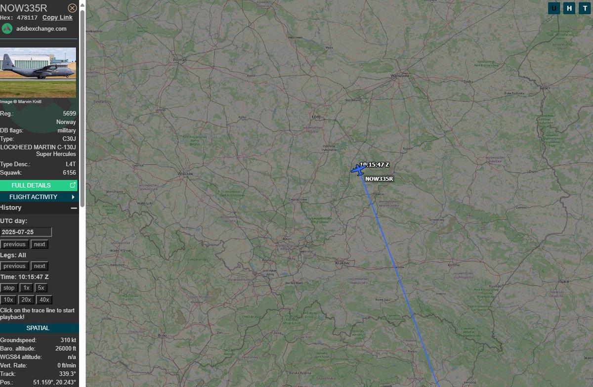 PolishMilRadar's tweet image. 📅25.07.2025 12:17LT
🇳🇴Siły Powietrzne Norwegii
✈️Lockheed Martin C-130J-30 Super Hercules "5699"
#NOW335R na wysokości FL260
🛫Konstanca #LRCK
🛬Oslo #ENGM
🔗globe.adsbexchange.com/?icao=478117
#POLMILRADAR