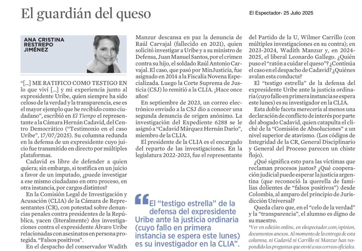 anacrisrestrepo's tweet image. #EEOpinion El guardián del queso.
@hernancadavidma El “testigo estrella” de la defensa del expresidente @AlvaroUribeVel ante la justicia ordinaria (cuyo fallo en primera instancia se espera este lunes) es su investigador en la @CamaraColombia
1/4:
elespectador.com/opinion/column…
