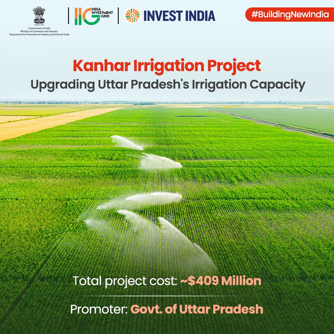 IIG_GoI's tweet image. #BuildingNewIndia
Under #NIP, the Kanhar Irrigation Project will utilise nearly 2 Lakh Acre-feet of water through a 40 Metre-high dam, transforming agriculture and enhancing regional livelihoods.
Explore more: bit.ly/UttarPradesh_I…
#InvestInIndia #InvestInUttarPradesh #IIG