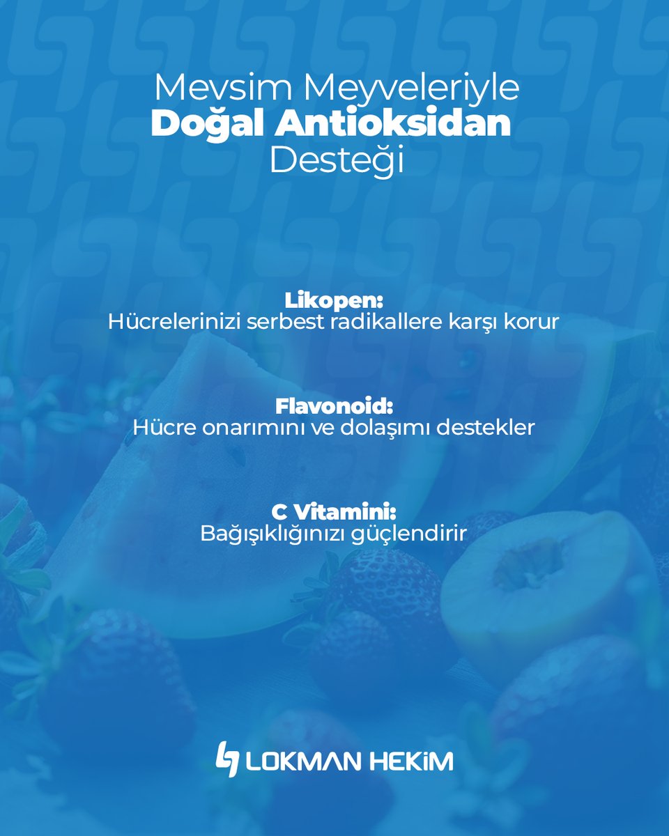 Yaz mevsiminin taze meyveleri; domates, karpuz, çilek ve şeftali gibi çeşitleriyle doğal antioksidan deposudur. İçerdikleri likopen, flavonoid ve C vitamini sayesinde hücrelerinizi oksidatif strese karşı korurken bağışıklık sisteminizi de güçlendirir. Ara öğünlerde bir kâse