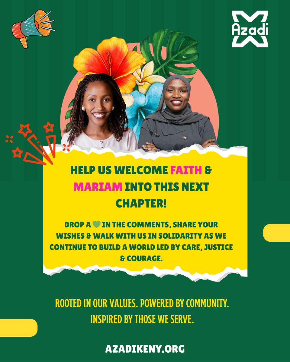 AzadiCommunity's tweet photo. Hello Friends🥳🥳🥳

Drumroll, please...🔥

We’ve got BIG news at Azadi Community!
Say hello to our dynamic duo @Wanjiku_FMwangi &amp; @mariam_awori , stepping into co-leadership and shaking things up with courage, care and a whole lot of feminist magic! 💚✨
@sophieotiende https://t.co/97sL3niDUo