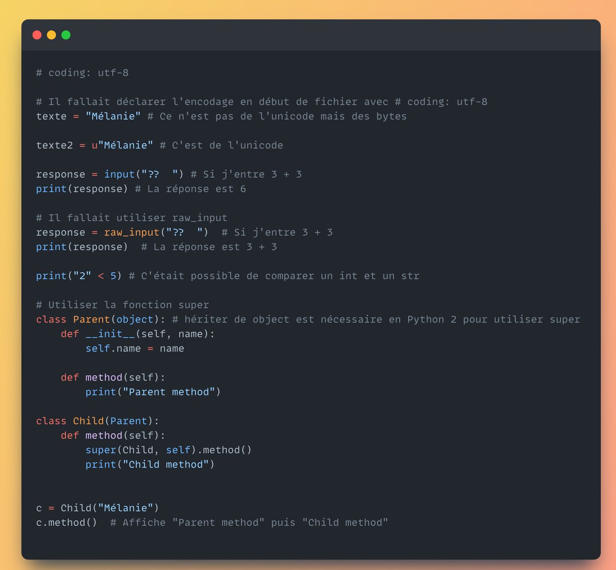 Hier en mentorat j'ai parlé de quelques spécificités de #python 2. 🐍

Ce n'est pas inutile, avant mes vacances j'ai pris une mission en urgence Python 2 😅