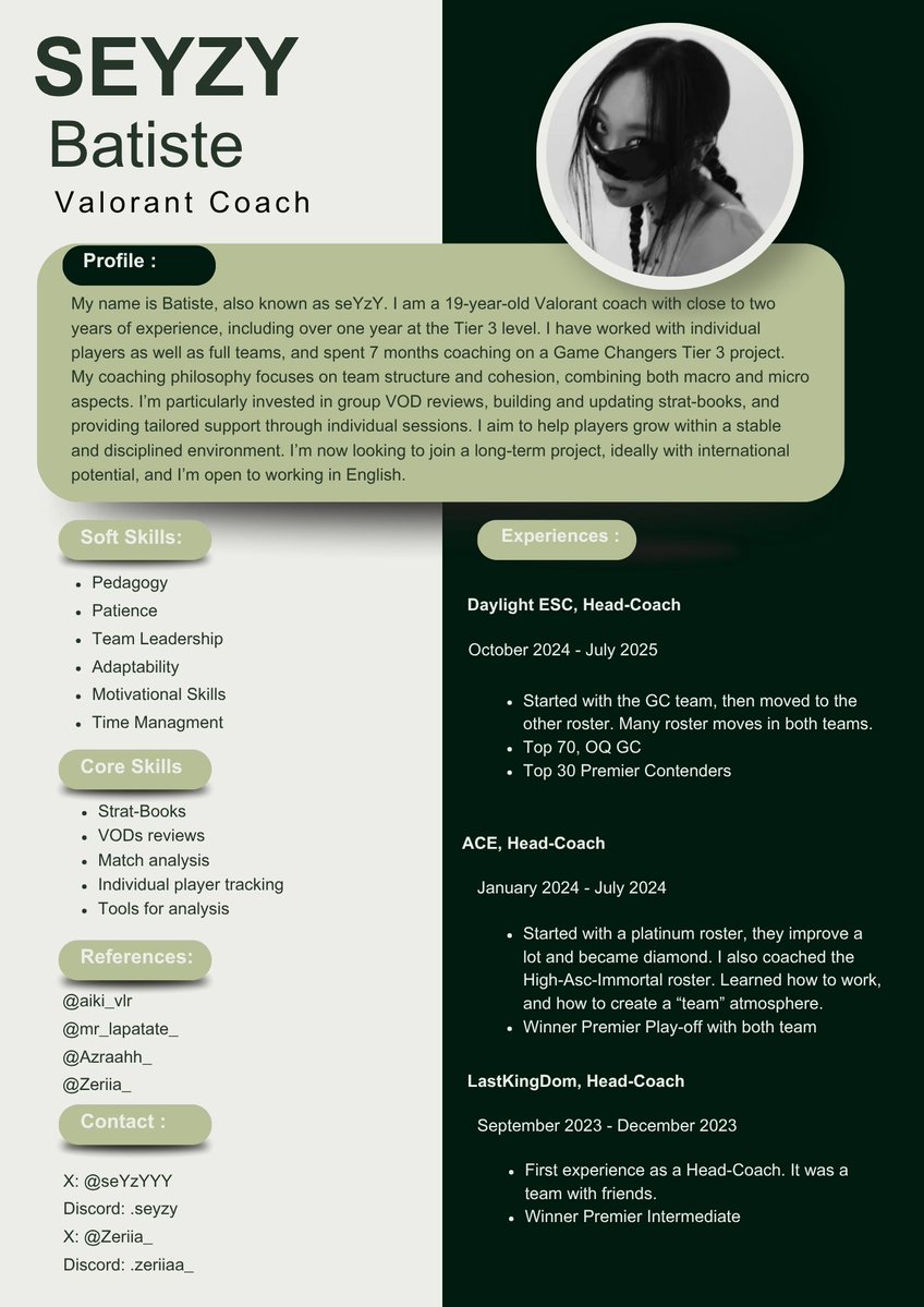 Hi, I'm LFT as Head Coach or Assistant Coach!

- Open to VCL/VRC projects,

- Available full-time in August, part-time in September,

- Hard-working and a strong team leader,

📩 Contact me or <a href="/Zeriia_/">Zeria</a> !