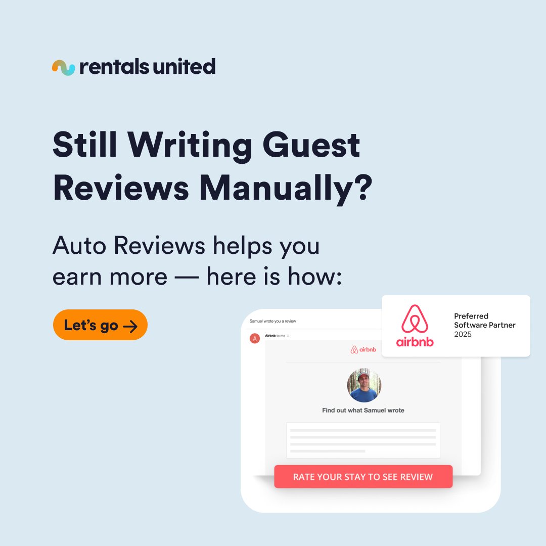 RentalsUnited's tweet photo. 🚀 Auto Reviews is changing the way Airbnb hosts grow.
Did you know that when a host leaves a review first, it often motivates the guest to write one in return?

🔗 Ready to activate? Click here: https://t.co/R3DwneftxH https://t.co/cwtcTfMUoO