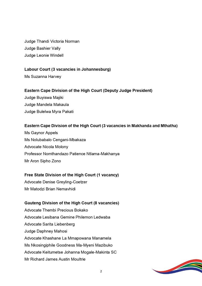 OCJ_RSA's tweet photo. Media Statement
25 July 2025
JUDICIAL VACANCIES: SHORTLISTED CANDIDATES
Shortlisted candidates for Judicial positions, as released by the JSC. Comments must reach the Secretariat by no later than 5 September 2025.
Interviews will take place 6 - 17 October 2025.
#JSC
#OCJ https://t.co/DHn6b4XPy8