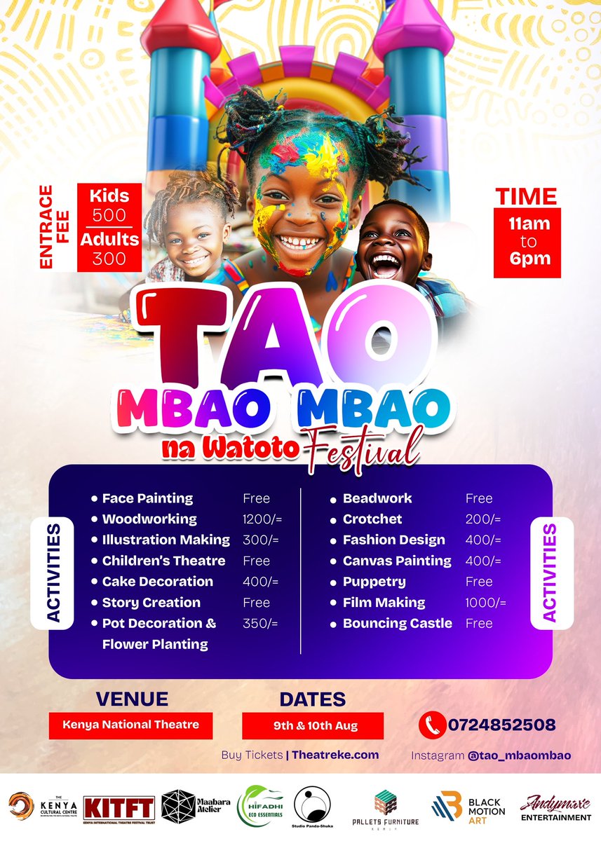 Tupatane Kenya National Theatre on 9th and 10th of August. Leteni watoto wote!!

#TaoMbaoMbaoNaWatotoFestival