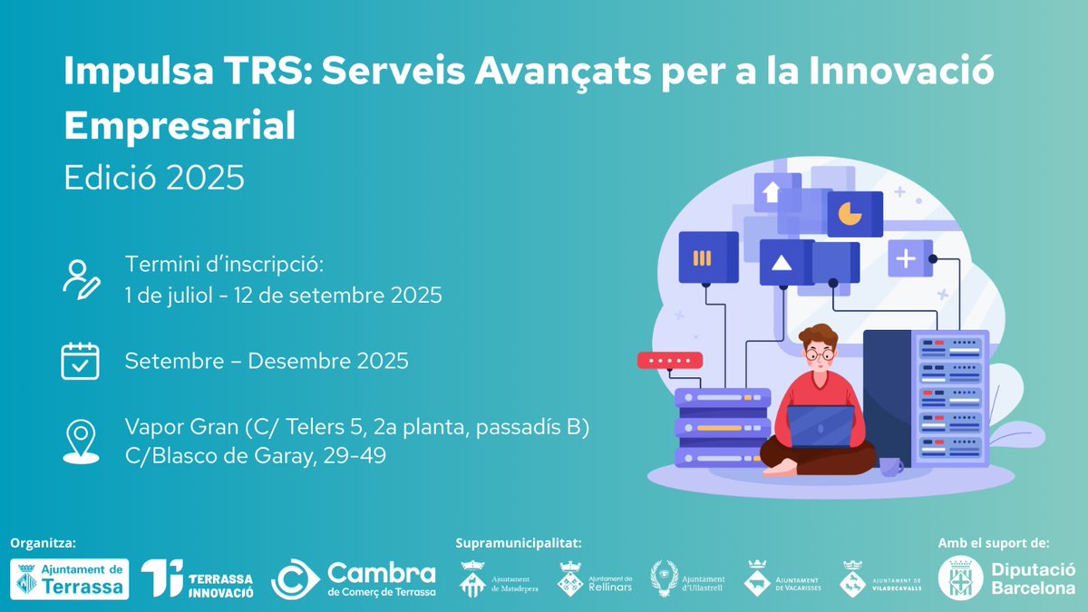 Terrassa Innovació (@trsinnovacio) on Twitter photo 💻 Transforma el futur de la teva empresa: accedeix a tallers exclusius per diagnosticar la teva maduresa digital i dissenyar un pla de transformació a mida
Creix en innovació i guanya competitivitat!
Inscriu-te ara: terrassainnovacio.cat/impulsa-trs-se…
<a href="/ajterrassa/">Ajuntament de Terrassa</a> <a href="/CambraTerrassa/">Cambra de Comerç de Terrassa</a> <a href="/diba/">Diputació de Barcelona</a> 💻 Transforma el futur de la teva empresa: accedeix a tallers exclusius per diagnosticar la teva maduresa digital i dissenyar un pla de transformació a mida
Creix en innovació i guanya competitivitat!
Inscriu-te ara: terrassainnovacio.cat/impulsa-trs-se…
<a href="/ajterrassa/">Ajuntament de Terrassa</a> <a href="/CambraTerrassa/">Cambra de Comerç de Terrassa</a> <a href="/diba/">Diputació de Barcelona</a>