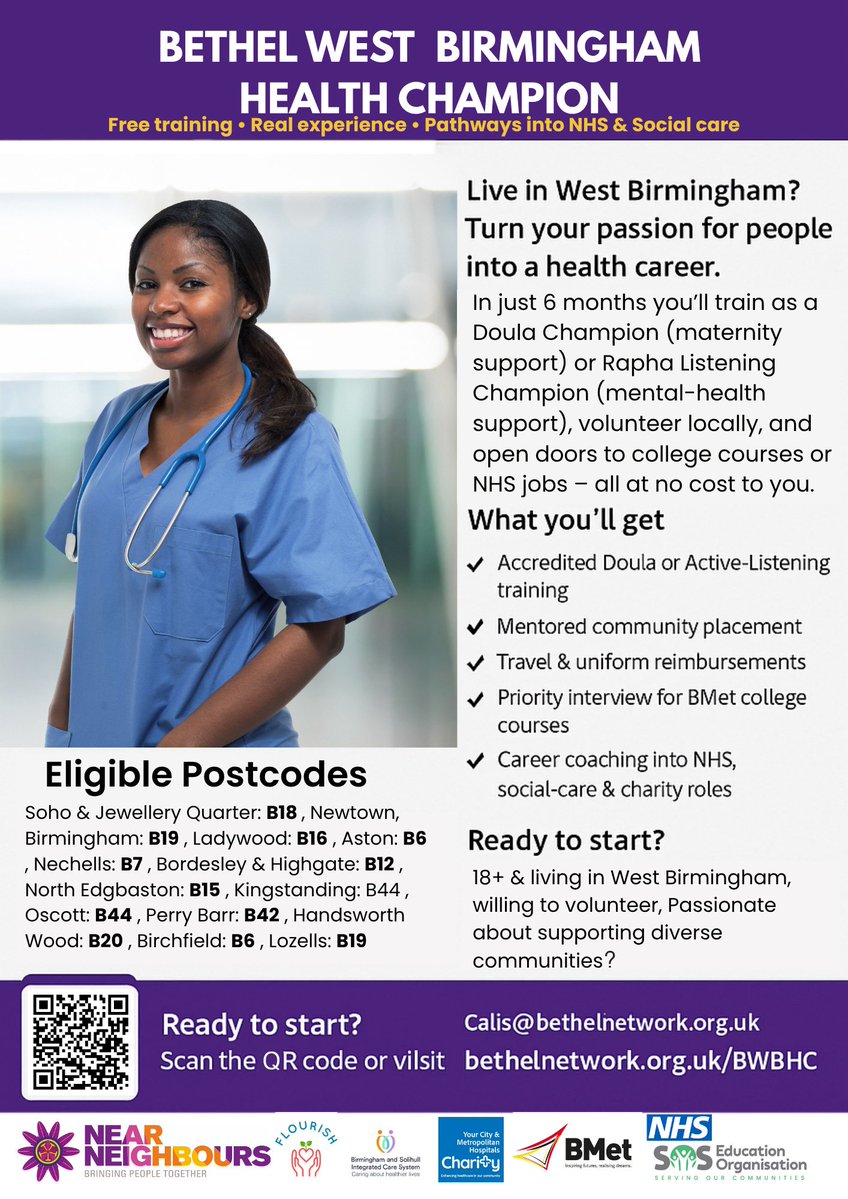 SWBHCharity's tweet image. Kickstart your health & care career-for FREE! Live in West Birmingham? In just 6 months, train as:
- Doula Champion (maternity support)
- Rapha Listening Champion (mental health)
- Accredited training
- NHS Career coaching
- Job interview support
Email: calis@bethelnetwork.org.uk
