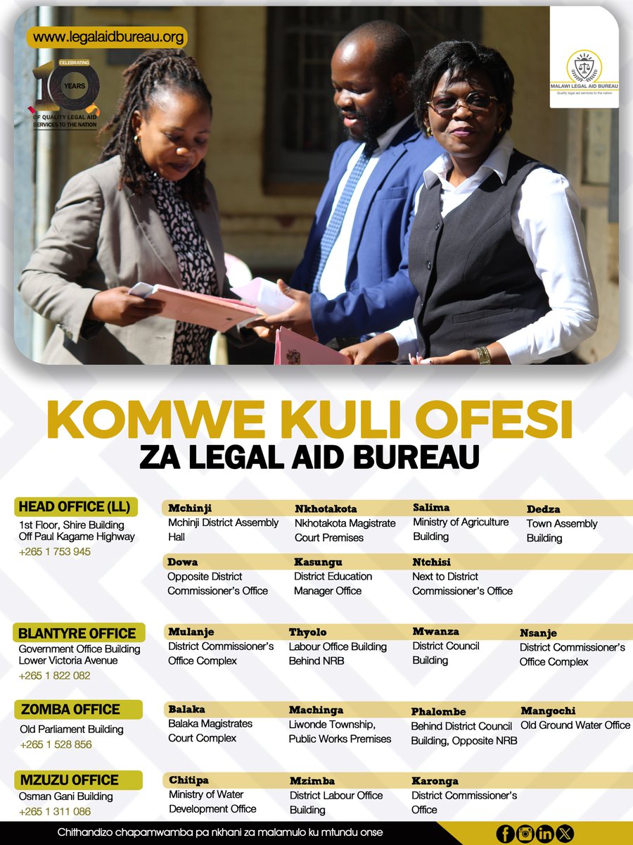 Musavutike kufunsa ena za komwe kuli office ya Legal Aid Bureau m'boma lanu. Malo onse omwe tiliko alembedwa mchithunzi ichi.

#LegalAid #Malawi