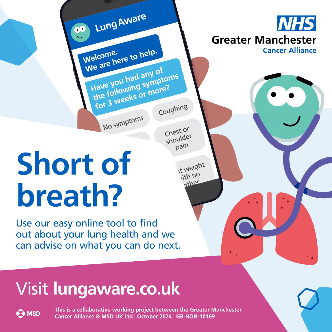 GM_Cancer's tweet image. Coughing? Short of breath? Worried? Use our LungAware online tool. We’ll ask you a few simple questions about your lung health, and then advise on what you can do next.
To find out more visit: lungaware.co.uk
#GMLungAware
