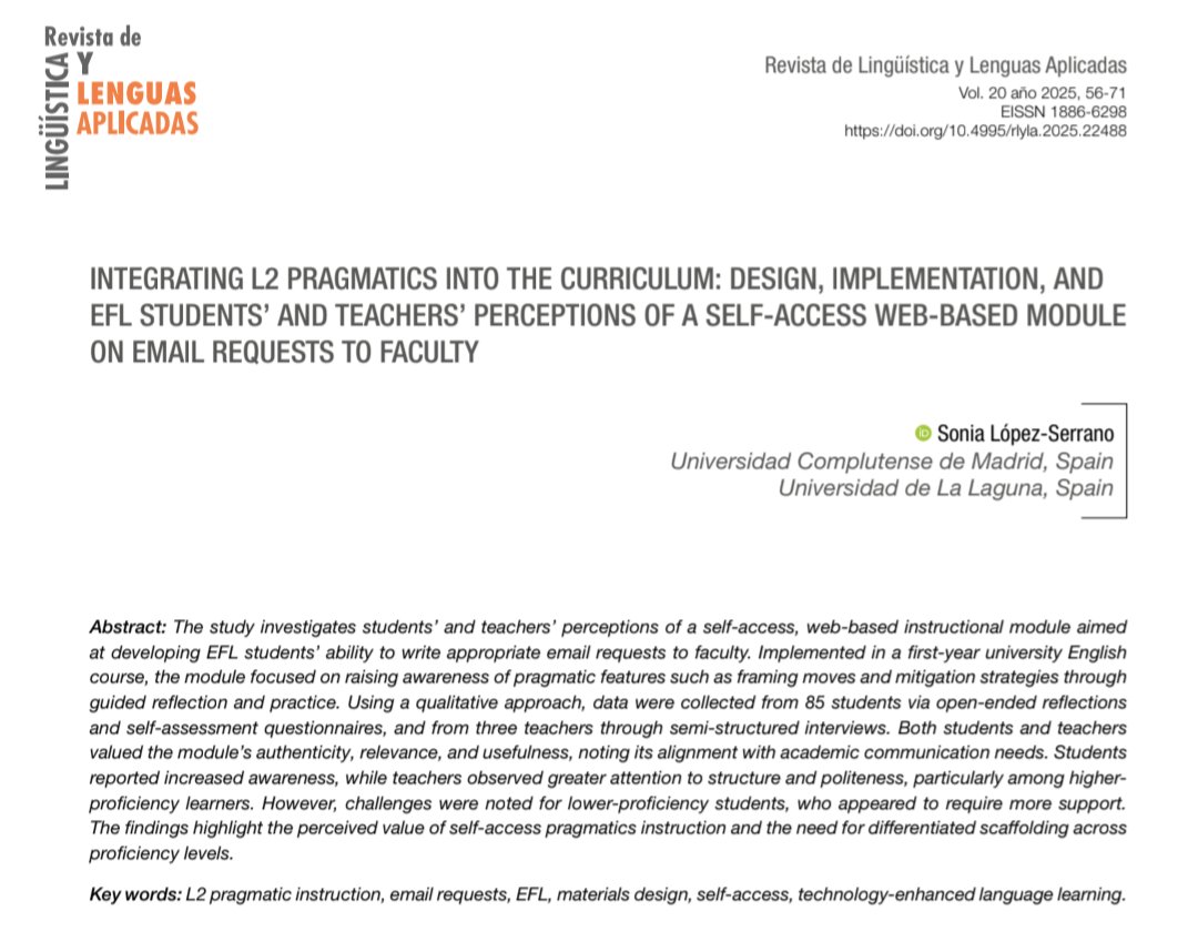 SoniaLing_'s tweet image. Before I turn on the holiday mode I wanted to share with you my latest article 🎉 
#openaccess #pragmatics

It describes the development &amp;amp; piloting of the self-access website I designed to help EFL students improve their email writing skills.📨👩🏻‍💻
polipapers.upv.es/index.php/rdly…