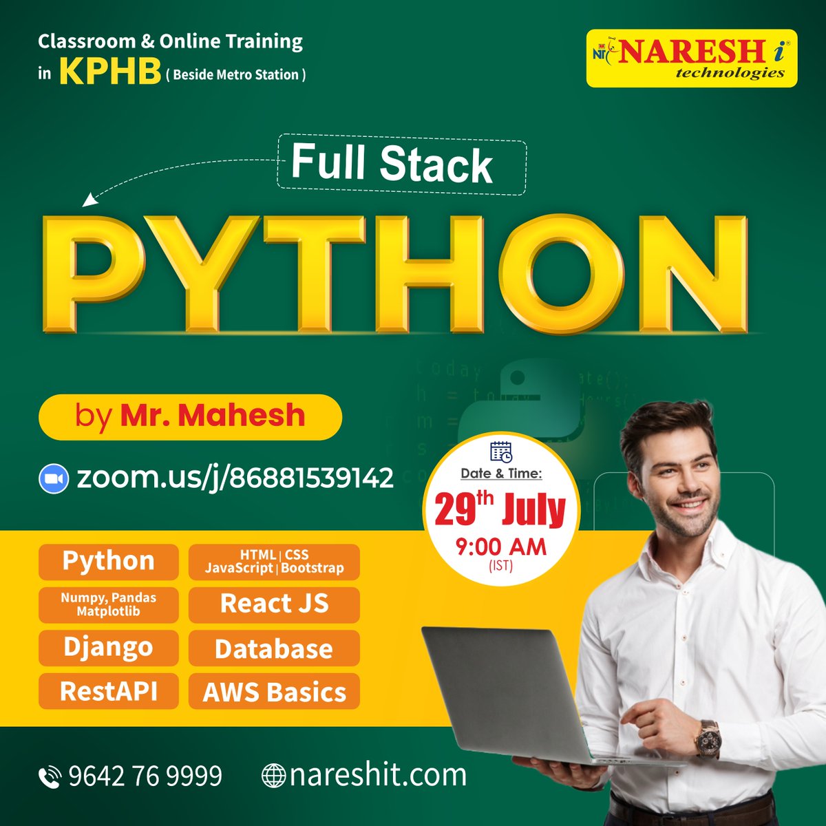 nareshitech's tweet image. 🚀 New Batch Alert – Full Stack Python Developer Training! Get trained by Mr. Mahesh  
✍️ Register Now : t.ly/9nng1
🗓️ Starts: 29th July
⏰ Time: 9:00 AM (IST)
#Python #fullstackpython #pythonprogramming #numpy #AWSBasics #pandas #programming #sql #courses #software